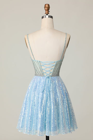 Sparkly Light Blue V Neck Sequin A Line Homecoming Dress
